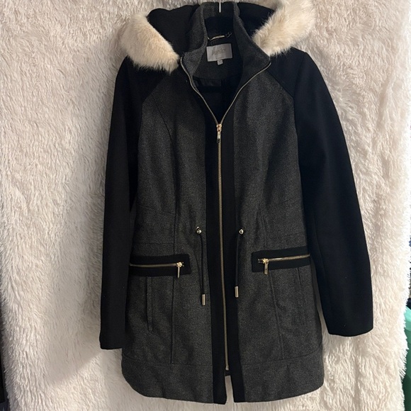 Laundry By Shelli Segal Black and Gray Utility Jacket with Faux Fur Hood - Picture 1 of 9